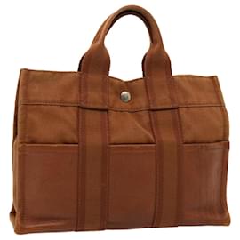 Hermès-HERMES Fourre Tout PM Hand Bag Canvas Brown Auth bs14838-Brown