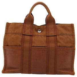 Hermès-HERMES Fourre Tout PM Hand Bag Canvas Brown Auth bs14838-Brown