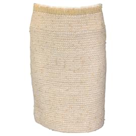 Chanel-Chanel Tan / Ivory Sequined Wool and Linen Skirt-Camel