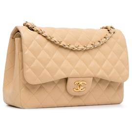 Chanel-Tan Chanel Jumbo Classic Lambskin lined Flap Shoulder Bag-Camel