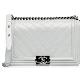 Chanel-White Chanel Medium Patent Boy Flap Crossbody Bag-White