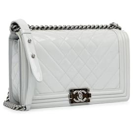 Chanel-White Chanel Medium Patent Boy Flap Crossbody Bag-White