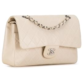 Chanel-Beige Chanel Medium Classic Lambskin Double Flap Shoulder Bag-Beige