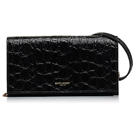 Saint Laurent-Black Saint Laurent Croc Embossed Leather Wallet On Chain Crossbody Bag-Black