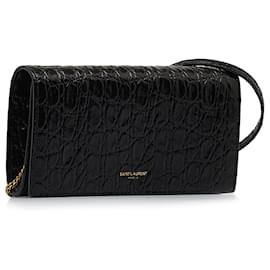 Saint Laurent-Black Saint Laurent Croc Embossed Leather Wallet On Chain Crossbody Bag-Black