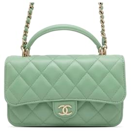 Chanel-Green Chanel CC Quilted Lambskin Top Handle Phone Holder with Chain Satchel-Green