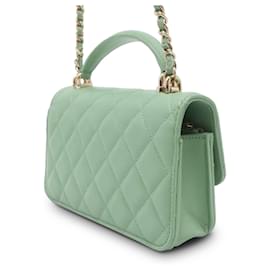 Chanel-Green Chanel CC Quilted Lambskin Top Handle Phone Holder with Chain Satchel-Green