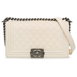 Chanel-White Chanel Medium Lambskin Boy Flap Shoulder Bag-White