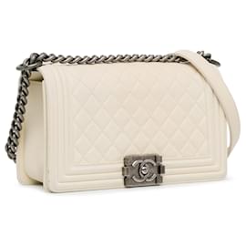 Chanel-White Chanel Medium Lambskin Boy Flap Shoulder Bag-White