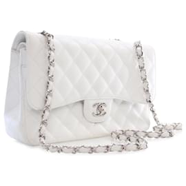 Chanel-White Chanel Jumbo Classic Caviar lined Flap Shoulder Bag-White