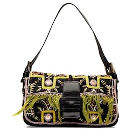 Fendi-Brown Fendi Embroidered Beaded Baguette Shoulder Bag-Brown