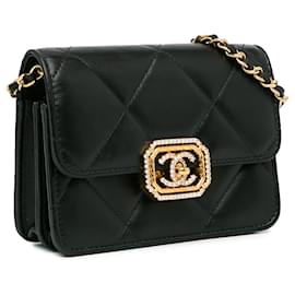 Chanel-Black Chanel Quilted calf leather Strass Clutch With Chain Flap Crossbody Bag-Black
