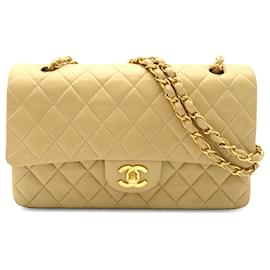 Chanel-Tan Chanel Medium Classic Lambskin Double Flap Shoulder Bag-Camel