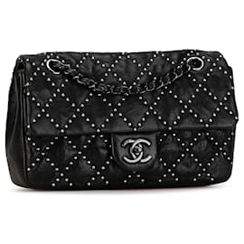Chanel-Black Chanel Washed Lambskin Studded Metal Beauty Flap Shoulder Bag-Black