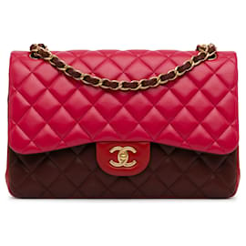 Chanel-Chanel Red Jumbo Classic Tricolor Lambskin Double Flap-Red