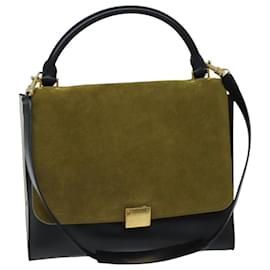 Céline-CELINE Trapeze Hand Bag Suede Leather 2way Black Khaki Auth 76216-Black,Khaki