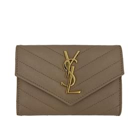 Saint Laurent-Cassandre Small Chevron Quilted Lambskin Leather FLA Wallet Dusty Grey-Beige