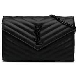 Saint Laurent-Black Saint Laurent Grain De Poudre Cassandre Envelope Wallet on Chain Crossbody Bag-Black