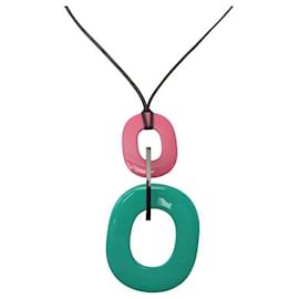 Hermès-NEW HERMES KARA NECKLACE TRICOLOR LACQUER HORN PENDANT GREEN PINK NECKLACE-Other
