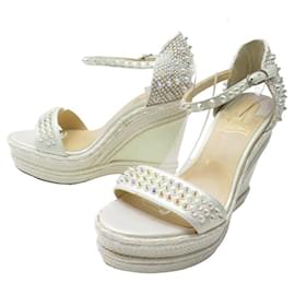 Christian Louboutin-CHRISTIAN LOUBOUTIN SHOES 39 WHITE LEATHER WEDGE SANDALS + POUCHES-White