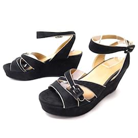 Hermès-HERMES SHOES BUCKLE SANDALS WEDGE HEELS SIZE 38 SUEDE SHOES-Black