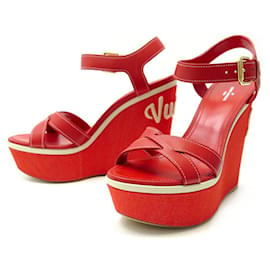 Louis Vuitton-NEW LOUIS VUITTON WATERFALL WEDGE SHOES 38.5 LEATHER WEDGE SANDALS-Red