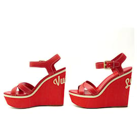 Louis Vuitton-NEW LOUIS VUITTON WATERFALL WEDGE SHOES 38.5 LEATHER WEDGE SANDALS-Red