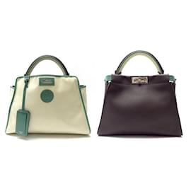 Fendi-FENDI PEEKABOO DEFENDER MEDIUM HANDBAG 8BN307 IN ECRU CANVAS AND LEATHER-Cream