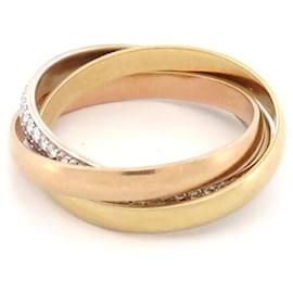 Cartier-CARTIER TRINITY PM RING 3 DIAMOND GOLDS 55 YELLOW GOLD ROSE WHITE 18K RING-Golden