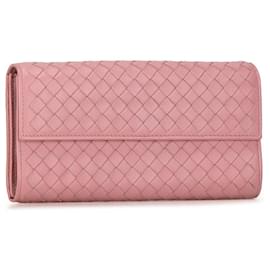 Bottega Veneta-Bottega Veneta Intrecciato Leather Long Wallet Pink in Very Good Condition-Pink