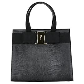 Salvatore Ferragamo-Salvatore Ferragamo Vara Ribbon Lizard Embossed Leather 2WAY Handbag in Very Good Condition-Black