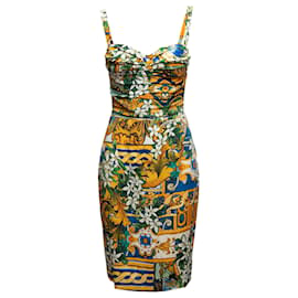 Dolce & Gabbana-Yellow & Multicolor Dolce & Gabbana Silk Printed Bustier Dress Size IT 42-Yellow