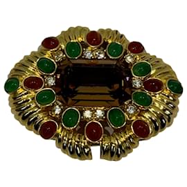 Autre Marque-Vintage Gold-Tone & Multicolor Cabochon Brooch-Golden