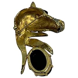 Autre Marque-Vintage Gold-Tone Rhinestone & Cabochon Unicorn Brooch-Golden