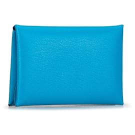 Hermès-Blue Hermès Chevre Mysore Calvi Duo Card Holder-Blue
