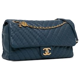 Chanel-Blue Chanel Jumbo Chevron calf leather Medallion Single Flap Shoulder Bag-Blue