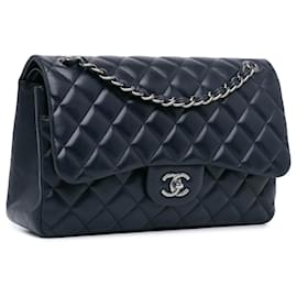 Chanel-Blue Chanel Jumbo Classic Lambskin lined Flap Shoulder Bag-Blue