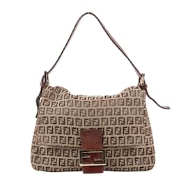 Fendi-FENDI Mamma Baguette Zucchino Canvas & Leather Shoulder bag Brown 8BR001-Brown