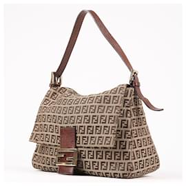 Fendi-FENDI Mamma Baguette Zucchino Sac bandoulière en toile et cuir Marron 8BR001-Marron