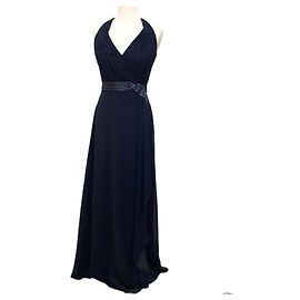 Jenny Packham Navy blue chiffon evening gown with satin and rhinestone embellishments Navy blue