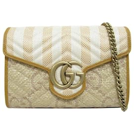 Gucci-Gucci Brown Jumbo GG Raffia Marmont Wallet on Chain-Brown,Beige