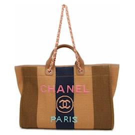 Chanel-Chanel Brown Large Striped Straw Raffia Deauville Tote-Brown