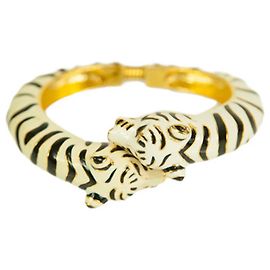 KENNETH JAY LANE Enamel Double Tiger Head Bypass Cuff Bracelet White