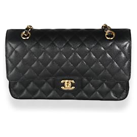 Chanel-Chanel Black Quilted Caviar Medium Sac à rabat doublé classique-Noir