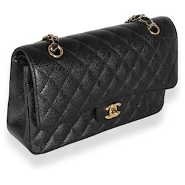 Chanel-Chanel Black Quilted Caviar Medium Sac à rabat doublé classique-Noir