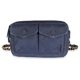Chanel-Chanel Navy Canvas lined Pocket Waist Bag-Blue