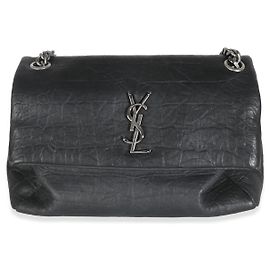 Saint Laurent Bolsa com aba média West Hollywood em couro de bezerro preto Croc em relevo Preto