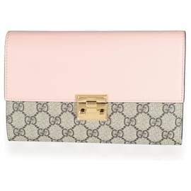 Gucci-Gucci Pink calf leather GG Supreme Canvas Padlock Clutch-Pink,Beige