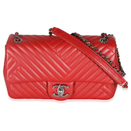 Chanel-Chanel Red Chevron Lambskin Small CC Crossing Single Flap Bag-Red