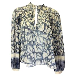 Ulla Johnson-Ulla Johnson Navy Blue / Ivory Shimmer Printed Silk Top-Blue